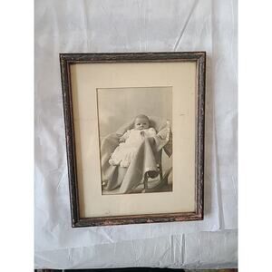 Antique baby in chair 5x7 photograph black & white in 8x10 wooden frame